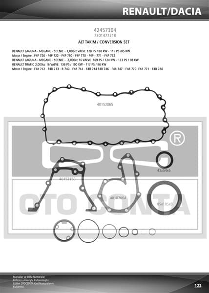 OTOCONTA ALT TAKIM CONTA MGN-LGN-SCENIC 2.0 16V F4R700/701/732- F4P720 KEÇELİ OEM: 7701477218-7701471360 - OTOCONTA 42457304 kodlu oto yedek parça
