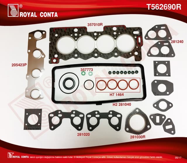 ROYAL ÜST TAKIM CONTASI REINZ KEÇELİ S.LASTİKLİ P207 1.4 TU3A 06 P106-P205-P206-P306-P307 TU3JP 1.4 OEM: 0197.H8-0197.A7-0197.H8 - ROYAL T562690R kodlu oto yedek parça