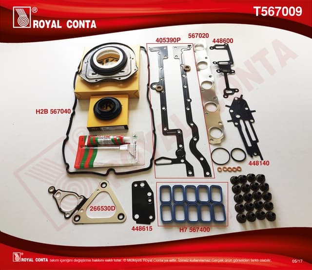 ROYAL MOTOR TAKIM CONTA SKT KEÇELİ S.LASTİKLİ TAM TAKIM C. SKCSİZ TRANSIT V348 3.2 200PS 07>11 RANGER TKE 11> 3.2 200PS OEM: 7C166008AA - ROYAL T567009 kodlu oto yedek parça
