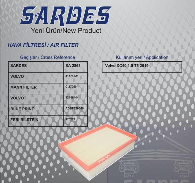 SARDES HAVA FİLTRESİ VOLVO XC40 T5 1.5 19 31474821 OEM: 31474821 - SARDES SA2863 kodlu oto yedek parça