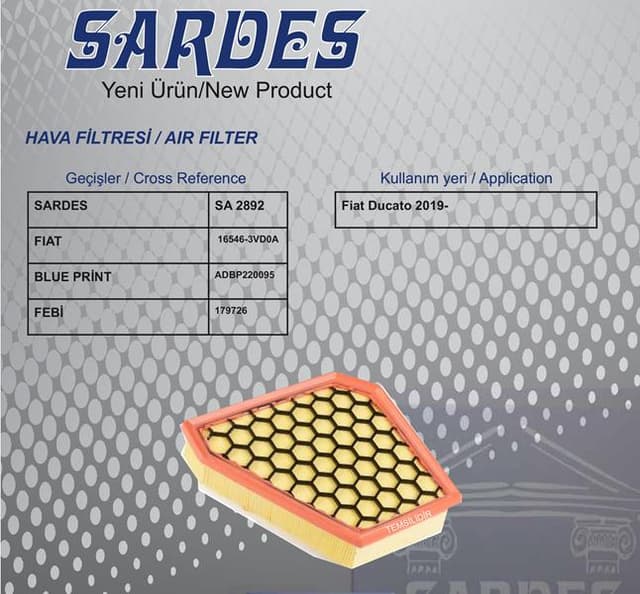SARDES HAVA FİLTRESİ FIAT DUCATO III-DUCATO III 4X4-DUCATO III PANORAMA-DUCATO III PANORAMA 4X4 1395975080 OEM: 1395975080 - SARDES SA2892 kodlu oto yedek parça