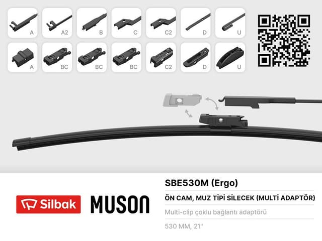 SILBAK SİLECEK SÜPÜRGESİ MUZ TİPİ 530mm A. BC.C2.D VE U TİPİ KOLLAR ICIN MULTİ ADAPTORLÜ  - SILBAK SBE530M kodlu oto yedek parça