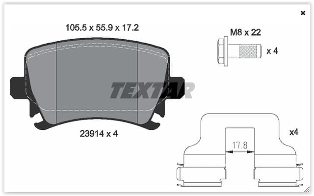 TEXTAR ARKA BALATA PASSAT-CC-CADDY-GOLF5-GOLF6-JETTA-A3-A6-LEON-OCTAVIA-SUPERB 04 > OEM: 3C0698451D-1K0698451G-4F0698451D - TEXTAR 2391401 kodlu oto yedek parça