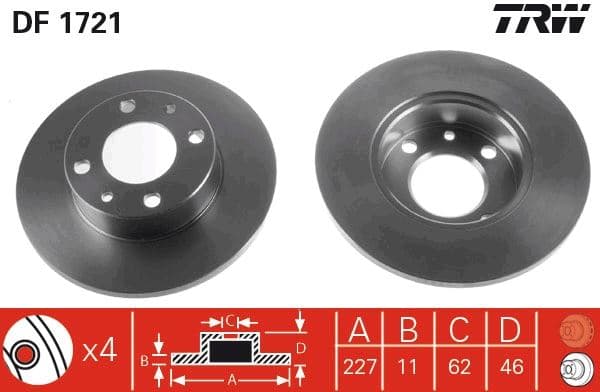 TRW ÖN FREN AYNASI M131 1600 227x10.8x4DL OEM: 4208311-4139010-4385812-55178237 - TRW DF1721 kodlu oto yedek parça