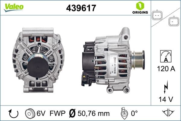 VALEO ALTERNATÖR ŞARJ DİNAMOSU KOMPLE 120amp GRANDLAND-P207-P208-P308-P508-P3008-P5008-PARTNER TEPEE-B ERLINGO-C3-C4-C5-DS3-DS4 1.6 VTI-THP MİNİ COOPER 06 > 6 KANAL OEM: 5702.J0-5705.KG-9819187680 - VALEO 439617 kodlu oto yedek parça