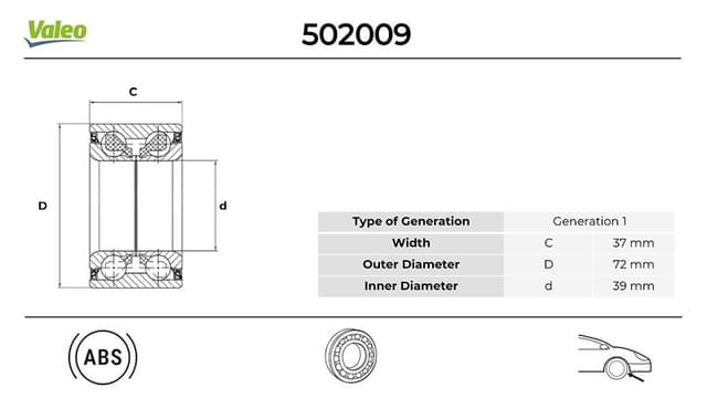 VALEO ÖN TEKER RULMANI FIESTA V 01> FOCUS 98>04 FUSION 02>12 COURIER 14>KA III 16> ECOSPORT 13> MAZDA 2 07>15 ABS LI 38.993x72x37 BAH-0106DX TEK RULMAN OEM: 8V5J1K018AA-8V511215BB-2S6J1K018 - VALEO 502009 kodlu oto yedek parça