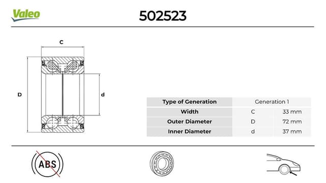 VALEO ÖN TEKER RULMANI ABS SİZ P106-P206-P306-C2-C3-SAXO-XSARA 37x72x33 OEM: 3350.32-9628670080 - VALEO 502523 kodlu oto yedek parça