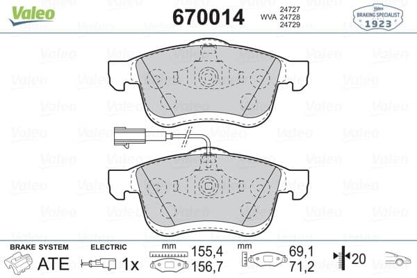 VALEO ÖN BALATA FIAT DOBLO III 10 OPEL COMBO 12 1.3D MTJ 1.4 1.6D MTJ 2.0D MTJ TEK FİŞLİ OEM: 77364929-77365311-77365396-WVA24727 - VALEO 670014 kodlu oto yedek parça