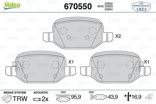 VALEO ARKA FREN BALATASI FIAT 500L 12> 0.9 1.3DMTJ 1.4 1.6D MTJ OEM: 77366456-77366457-77366993 - VALEO 670550 kodlu oto yedek parça