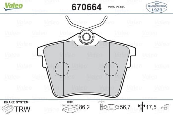 VALEO ARKA FREN BALATASI PEUGEOT P407 1.6 HDI 1.8-2.0 04 607 00 CITROEN C5 08 OEM: 4254.91-4252.79-4253.26-4254.04 - VALEO 670664 kodlu oto yedek parça