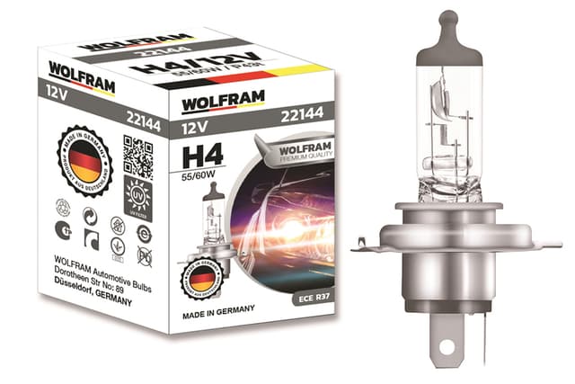 WOLFRAM AMPUL 12V H4 60/55 P43t STANDART IŞIK TIRNAKLI P43t 64193  - WOLFRAM 22144 kodlu oto yedek parça