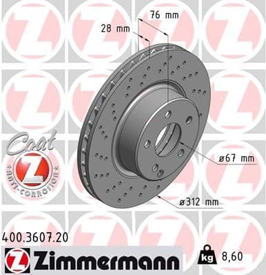 ZIMMERMANN FREN DISKI ON MERCEDES S-CLASS W220 98 05 A2204210912 OEM: A2204210912 - ZIMMERMANN 400.3607.20 kodlu oto yedek parça
