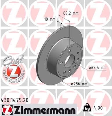ZIMMERMANN ARKA FREN AYNASI VECTRA B 96-02 SAAB 900 93-03 286 x 10 x 5DL DOLU 5084751-5391578-90495269 569118-93182293-569210-90512910 OEM: 569118-93182293-569210-90512910 - ZIMMERMANN 430.1475.20 kodlu oto yedek parça