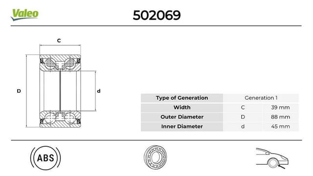VALEO ÖN TEKER RULMANI TRAFIC II-MEGANE II-VIVARO-ESPACE IV-PRIMASTAR ABS Lİ 45x88x39 OEM: 701207358-4412598-7701207966 - VALEO 502069 kodlu oto yedek parça