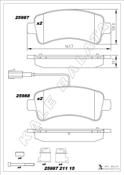 KALE-BALATA DİSK FREN BALATASI ARKA JUMPER 2.0D/2.2D3.0D 04/06>DUCATO 40 2.3D-BOXER 2.0D/2.2D/3.0D OEM: 77367094-1612434080 - KALE 25987 211 15 MSH KD20 kodlu oto yedek parça