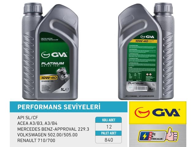 GVA MOTOR YAĞI 10W40 1 LT PLATINUM YARI SENTETİK API SL/CF OEM: 10W40 - GVA 9920320 kodlu oto yedek parça