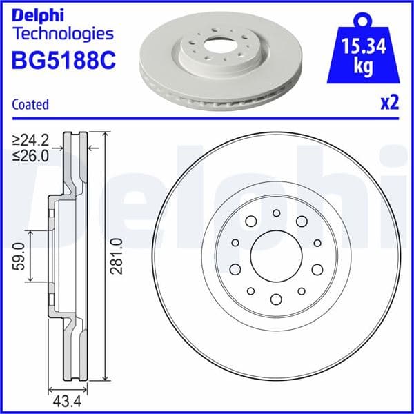 DELPHI FREN DİSKİ ÖN HAVALI FIAT EGEA 20> 281x26x43 4 5 DELİK OEM: 52159154-52159155 - DELPHI BG5188C kodlu oto yedek parça