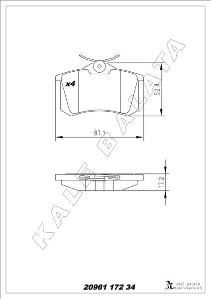 KALE-BALATA ARKA BALATA MGN II-LGN-GOLF III-IV-PASSAT III-POLO-C3-C4-P307-AUDI A3-A4 87x52.9x17.2mm GDB823 OEM: 1J0698451P-440605713R-1623180580 - KALE 20961 172 34 ANS KD13 kodlu oto yedek parça
