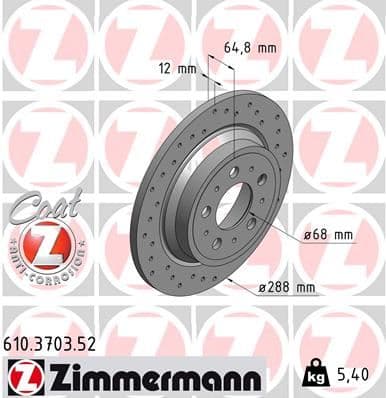 ZIMMERMANN ARKA FREN AYNASI VOLVO S60 01-10 S70 01-05 S80 98-06 XC70 00-07 288x12x5DL DELİKLİ 986478495-DF4066 OEM: 9434167-94341674-94341670 - ZIMMERMANN 610.3703.52 kodlu oto yedek parça
