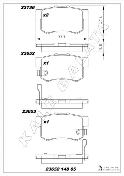 KALE-BALATA ARKA FREN BALATA HONDA CIVIC 1.4L 1.6L VTEC EP ES EU FD6 FK2 01-13 / ACCORD 2.0L F20 94-98 / CR-V 2.0L K20 RD8 02-06 / LEGEND 3.2L KA7 KA8 24v 91-96 / SUZUKI SX4 1.6L M16A RW415 05- OEM: 43022S9AE52-43022S9AE00-43022S7S010 - KALE 23652 148 05 ANS KD13 kodlu oto yedek parça