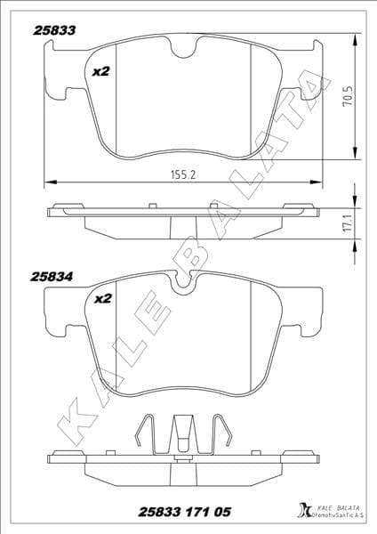 KALE-BALATA ÖN FREN BALATASI COMBO E 18 GRANDLAND 17 C4 13 BERLINGO 18 PARTNER 18 RIFTER 18 308 13 3008 16 508 18 5008 16 DS7 17 OEM: 1609898580-1636925480-1678168480 - KALE 25833 171 05 MSH KD11 kodlu oto yedek parça