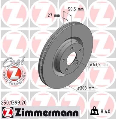 ZIMMERMANN ON FREN DISK AYNA KUGA III DFK 19 FOCUS IV 19 OEM: JX61-1125-BEB-2305506 - ZIMMERMANN 250.1399.20 kodlu oto yedek parça
