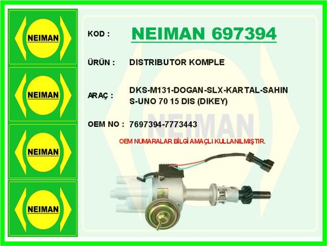 BESCHER DISTRIBUTOR KOMPLE DKS-M131-DOGAN-SLX-KARTAL-SAHIN S-UNO 70 15 DIS DIKEY OEM: 7697394-7773443 - NEIMAN 697394 kodlu oto yedek parça