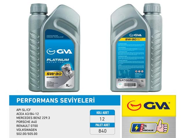 GVA MOTOR YAĞI 5W30 1 LT PLATINUM TAM SENTETİK API SL/CF OEM: 5W30-93165554-7711943759 - GVA 9920120 kodlu oto yedek parça
