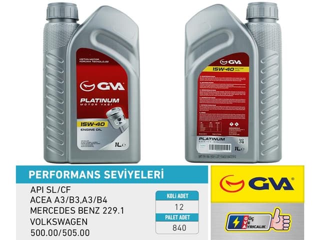 GVA MOTOR YAĞI 15W40 1 LT PLATINUM MİNERAL API SL/CF OEM: 15W40 - GVA 9920421 kodlu oto yedek parça
