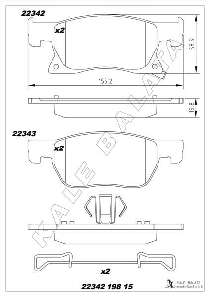 KALE-BALATA ÖN FREN BALATASI ASTRA K 16> 15 inc 155.2x58.9x19.8 OEM: 95526566-13478300-39103797 - KALE 22342 198 15 MSH KD13 kodlu oto yedek parça