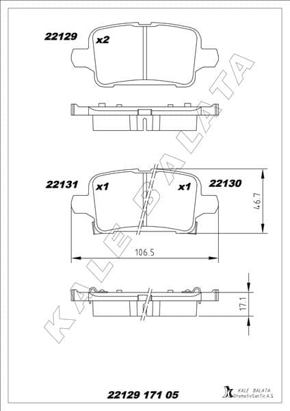 KALE-BALATA ARKA FREN BALATASI OPEL ASTRA K 1.0-1.4-1.4T-1.6T-1.6 CDTI 16>22 106.5x46.3x16.6 OEM: 1684934880-39037199-95526568 - KALE 22129 171 05 MSH KD13 kodlu oto yedek parça