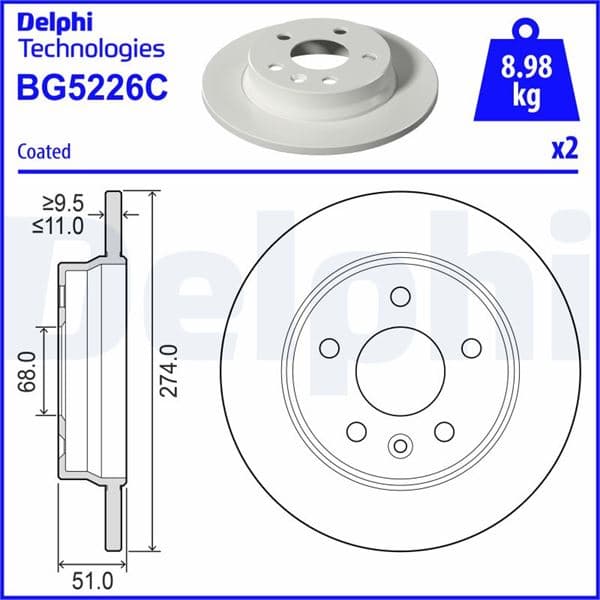 DELPHI FREN DİSKİ ARKA RENAULT KANGOO III 21> OEM: 440A09225R - DELPHI BG5226C kodlu oto yedek parça