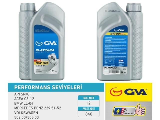 GVA MOTOR YAĞI 5W30 1 LT PLATINUM PARTİKÜLLÜ-DPF TAM SENTETİK API SN/CF OEM: 5W30-93165554-7711943759 - GVA 9920150 kodlu oto yedek parça
