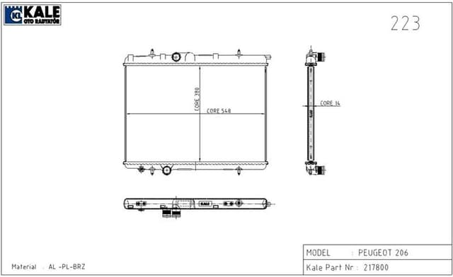 KALE-RADYATOR RADYATÖR P206 1.1i 1 SIRA ALB SİSTEM OEM: 1330.F8-1333.11 - KALE 2036011AB kodlu oto yedek parça
