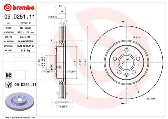 BREMBO ÖN FREN AYNASI VOLVO S60 III 19 S90 II 19 V60 18 V90 II 16 XC40 18 XC60 II 19 17 JANT 322 CAP OEM: 31423724-31471413-31665446 - BREMBO 09D25111 kodlu oto yedek parça