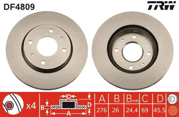 TRW ÖN FREN DİSKİ HAVA KANALLI MITSUBISHI LANCER 1.6L 4G18 CS3A 03-08 276 çap x 4 bijon - Takım disk fiyatıdır OEM: MR510741-MR510742-MR527825 - TRW DF4809 kodlu oto yedek parça