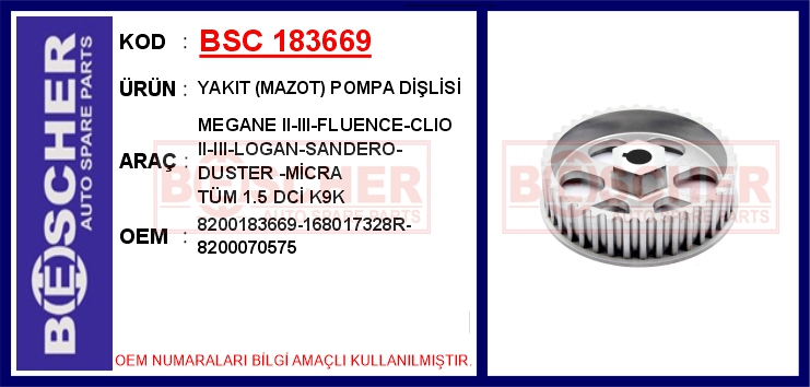 BESCHER YAKIT MAZOT POMPA DİŞLİSİ MEGANE II-III-FLUENCE-CLIO II-III-LOGAN-SANDERO-DUSTER -MİCRA TÜM 1.5 D OEM: 8200183669-168017328R-8200070575 - BSC 183669 kodlu oto yedek parça görseli