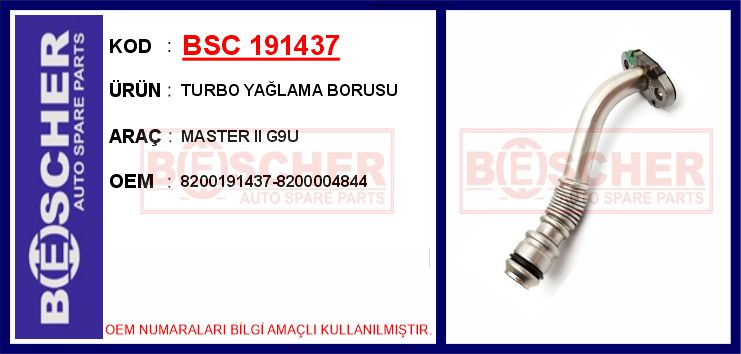 BESCHER TURBO YAĞLAMA BORUSU MASTER II G9U OEM: 8200191437-8200004844 - BSC 191437 kodlu oto yedek parça görseli