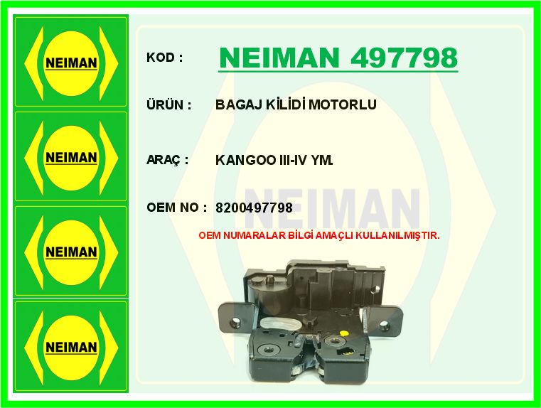 BESCHER BAGAJ KİLİDİ MOTORLU KANGOO III-IV YM. OEM: 8200497798 - NEIMAN 497798 kodlu oto yedek parça görseli