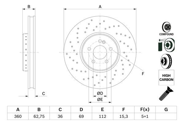 BOSCH FREN DISKI ON MERCEDES W205 W213 C257 C238 X253 C253 A0004212312 OEM: A0004212312 - BOSCH 0986479G38 kodlu oto yedek parça görseli