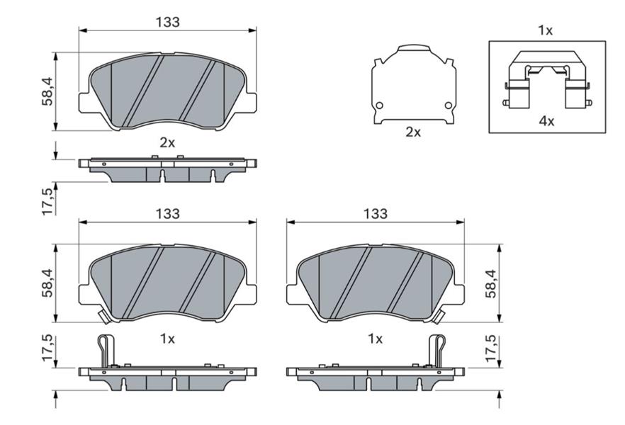 BOSCH ÖN FREN BALATA HYUNDAI ACCENT BLUE 1.4L 1.6L benzinli 10- 1.6L CRDi dizel 10- / ELANTRA 1.6L D4FB G4FG 6 vites 16- / KIA RIO 1.4L D4FC 11- 581011RA00-581011RA05-581011WA35 OEM: 581011RA00-581011RA05-581011WA35 - BOSCH 0986494563 kodlu oto yedek parça görseli
