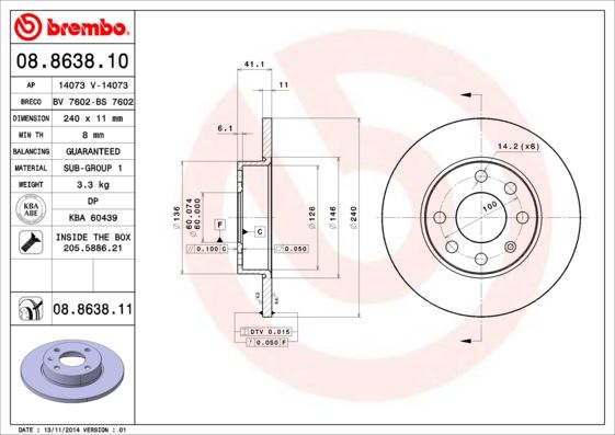 BREMBO ÖN FREN AYNASI CORSA C 1.0-1.2 16V 01 11 240x11x4DL DOLU 569020-9195981-9127965 OEM: 569020-9195981-9127965 - BREMBO 08863810 kodlu oto yedek parça görseli