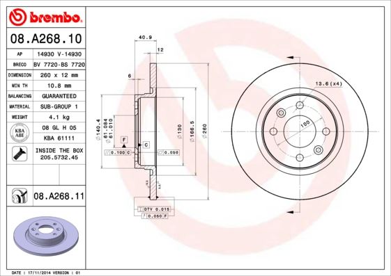BREMBO ÖN FREN DİSKİ RENAULT SYMBOL II 08 SYMBOL III 13 TWINGO I 96 DACIA LOGAN 06 LOGAN II MCV 12 SANDERO 08 SANDERO II 13 259x12 4 DELİK 402065345R-7701208252-402065236R OEM: 402065345R-7701208252-402065236R - BREMBO 08A26810 kodlu oto yedek parça görseli