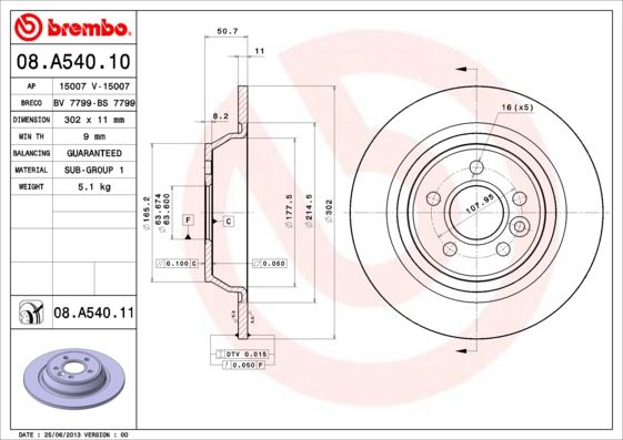 BREMBO ARKA FREN DISK AYNASI MONDEO IV S MAX GALAXY 07 14 KUGA I 08 12 / EVOQUE 12-18 302mm 6G912A315BA-1405500-1379931 OEM: 6G912A315BA-1405500-1379931 - BREMBO 08A54010 kodlu oto yedek parça görseli