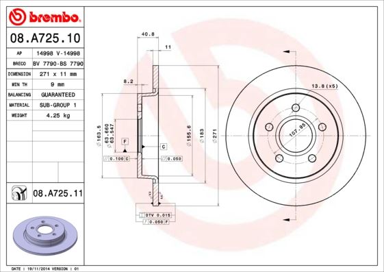 BREMBO ARKA FREN DISK AYNASI FOCUS III 11 17 271X11X63.5X41X5DL BV612A315BA-1704765 OEM: BV612A315BA-1704765 - BREMBO 08A72510 kodlu oto yedek parça görseli