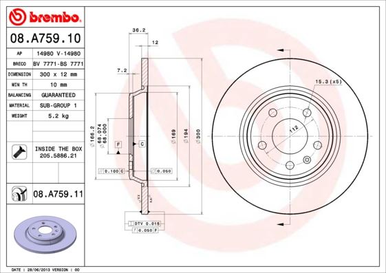 BREMBO ARKA FREN AYNASI A4-A5 1.8-2.0 07 A6 1.8-2.0 11 A7 2.0-2.8 11 Q5 2.0 09 986479382-DF4848 8K0615601B-08A75910 OEM: 8K0615601B-08A75910 - BREMBO 08A75910 kodlu oto yedek parça görseli