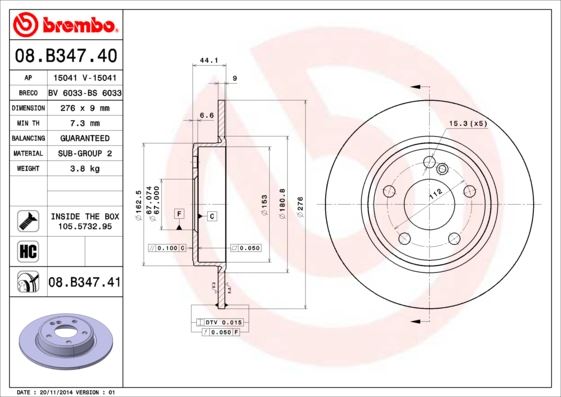 BREMBO FREN DISKI ARKA MERCEDES W176 W246 C117 A2464230012 OEM: A2464230012 - BREMBO 08B34740 kodlu oto yedek parça görseli