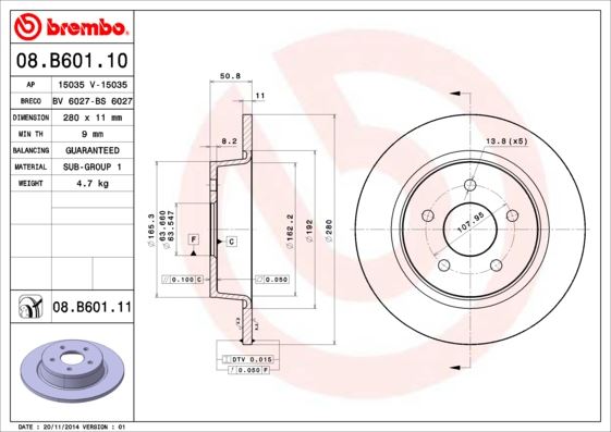 BREMBO ARKA FREN DISK AYNASI YENI CONNECT CHC 1.6 /1.5 TDCI 15> C-MAX 12> KUGA II 13>20 GRAND C-MAX 11> MERKEZLEME CAPI 63.5 mm YUKSEKLIK 50.8 mm 5 Delik DIS CAP 279.8 OEM: DV612A315BA-AV612A3315BA-1683383 - BREMBO 08B60111 kodlu oto yedek parça görseli