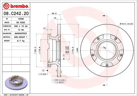 BREMBO ARKA FREN DISK AYNASI TRANSIT CUSTOM V362 2.2TDCI 12 CAP 288 16 BK212A097BA-BK212A097FA-BK212A097HA OEM: BK212A097BA-BK212A097FA-BK212A097HA - BREMBO 08C24220 kodlu oto yedek parça görseli