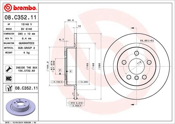 BREMBO FREN DISKI ARKA BMW F40-F45-F46-F48-F39 MINI F54-F60 34216799367 OEM: 34216799367 - BREMBO 08C35211 kodlu oto yedek parça görseli